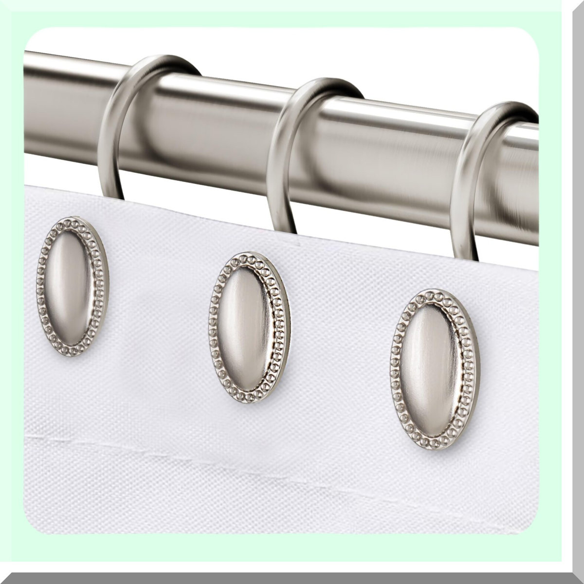 RustGuard Brushed Nickel Shower Curtain Hooks - Decorative, Rust Resistant Metal Rings for Bathroom, Set of 12